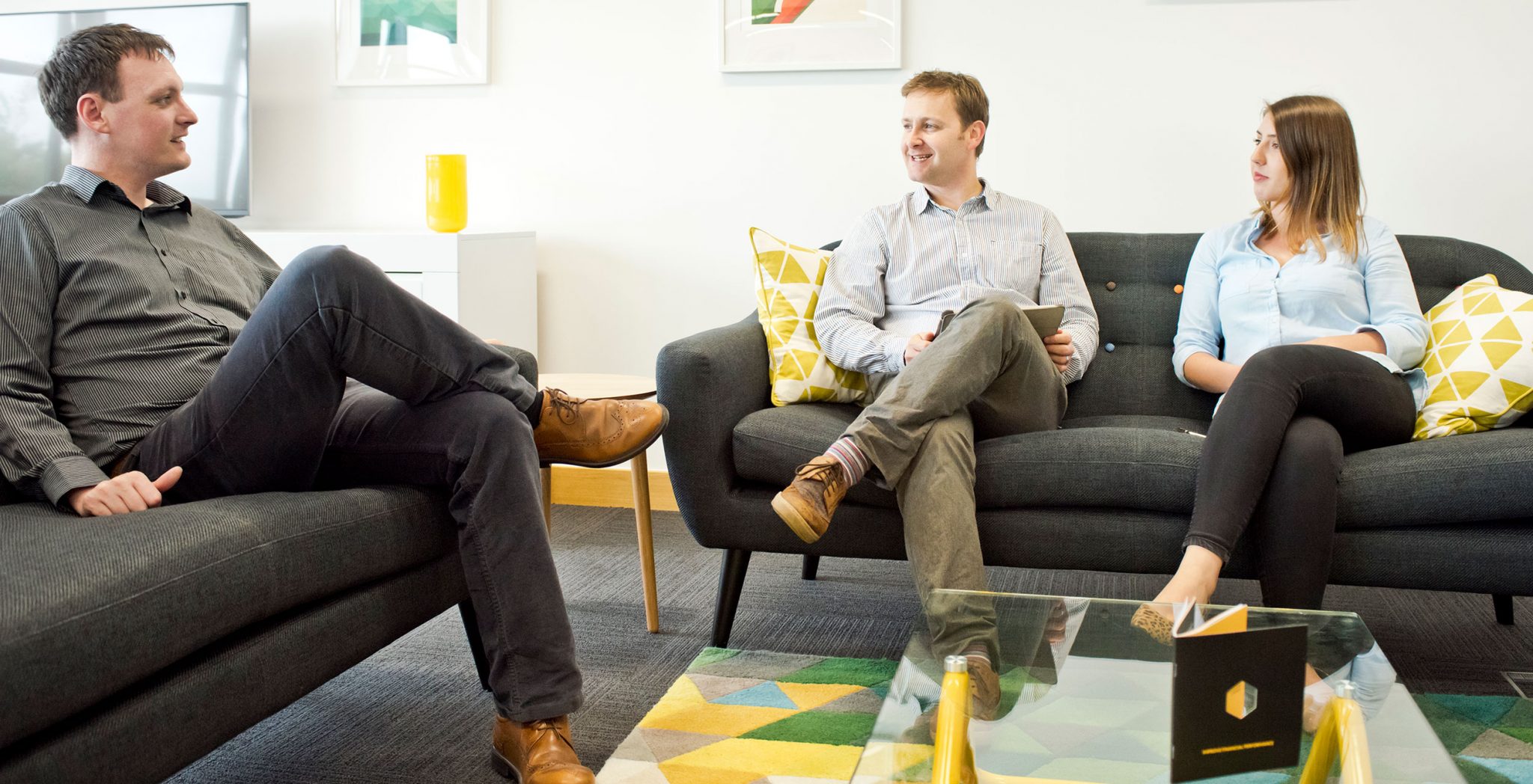 Ross Hayley and Simon talking on the Hive Business sofas